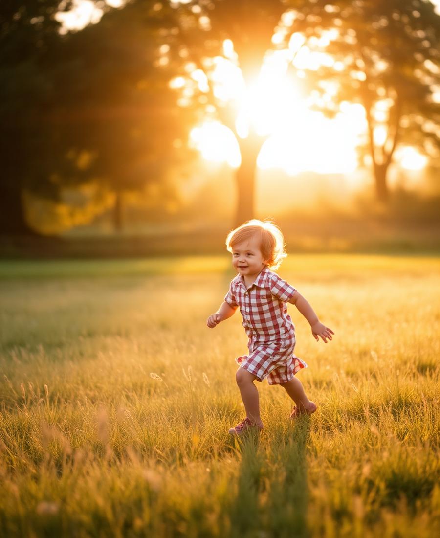 Kind läuft im goldenen Abendlicht über eine Sommerwiese